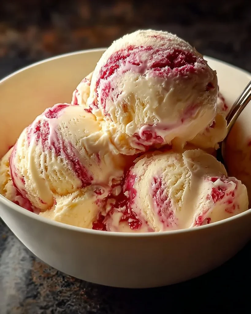 Bowl of homemade strawberry vanilla bean ice cream topped with fresh strawberries.