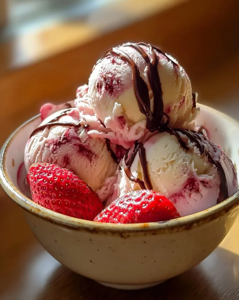Homemade strawberry vanilla bean ice cream in a dish with fresh strawberries