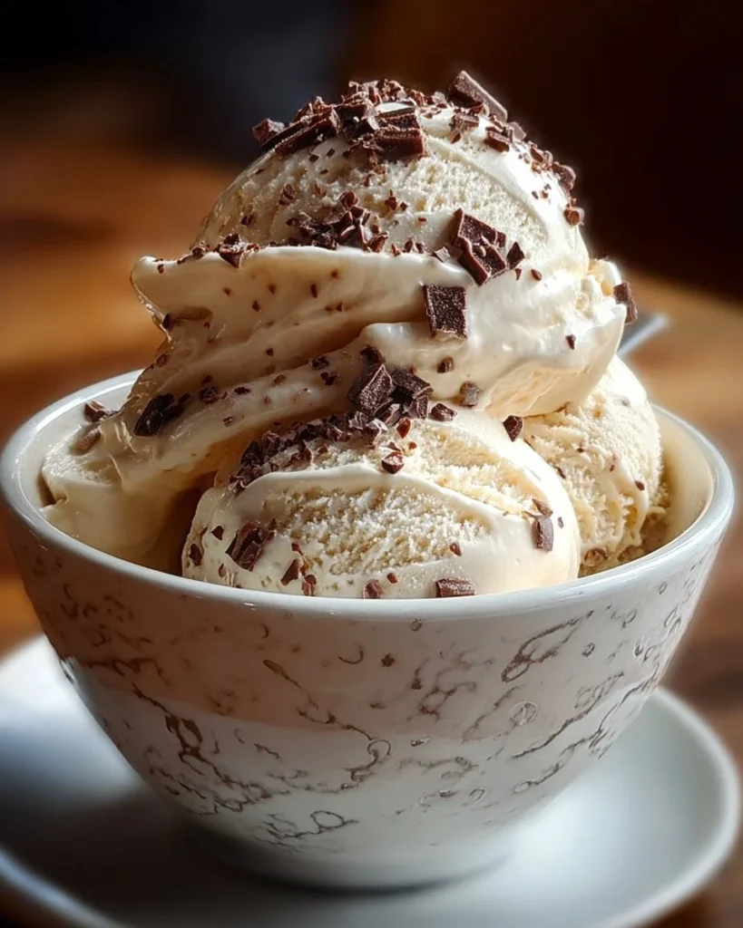 Bowl of homemade vanilla ice cream with a scoop