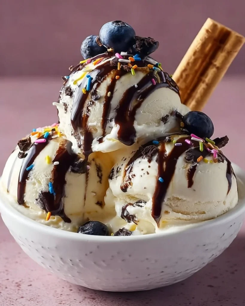 Bowl of homemade vanilla ice cream topped with sprinkles