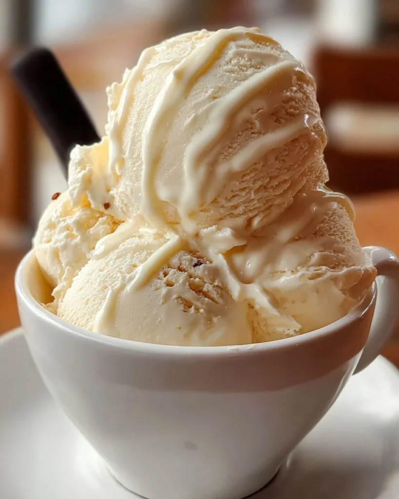 Delicious homemade vanilla ice cream served in a bowl with toppings