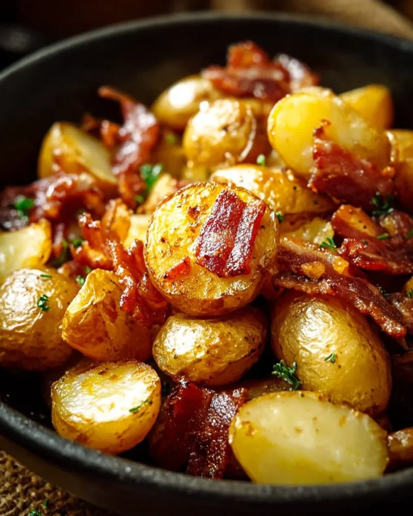 Plate of honey bacon roasted potatoes garnished with herbs and spices