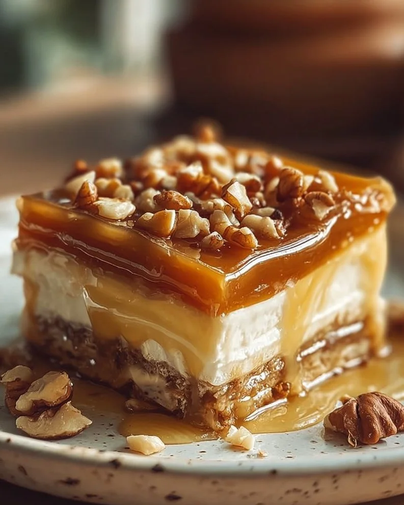 Delicious Honey Baklava Cheesecake with layers of flaky pastry and creamy filling