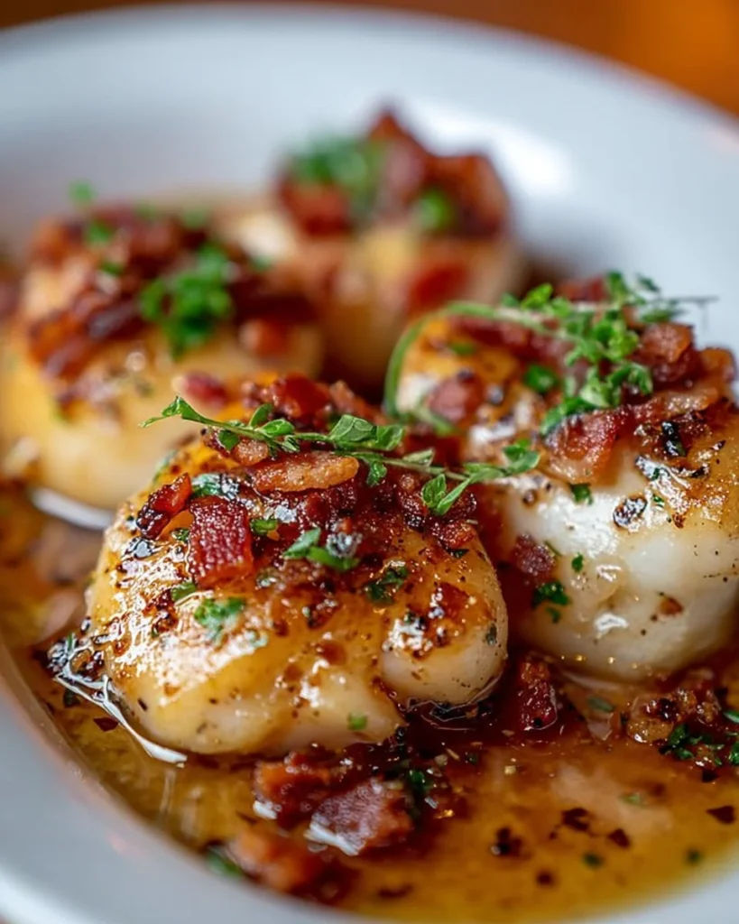 Delicious plate of Honey Garlic Bacon Chicken garnished with herbs.