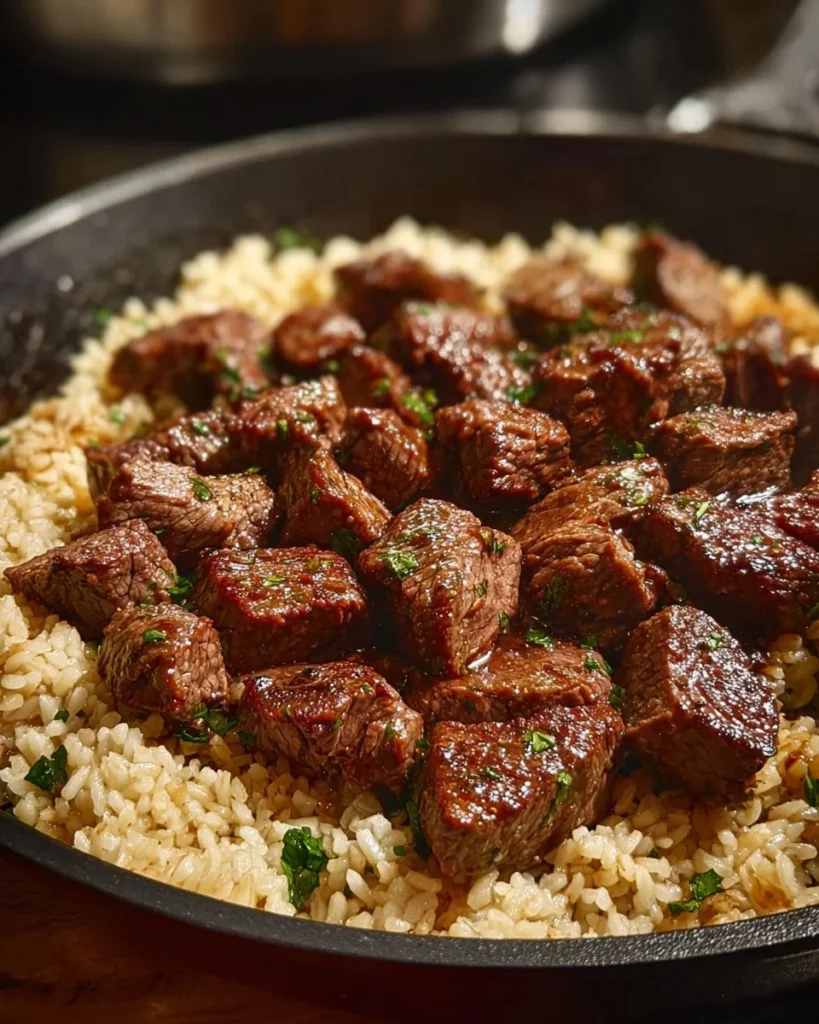 Honey Garlic Butter Steak served in a skillet with rice and garnished herbs