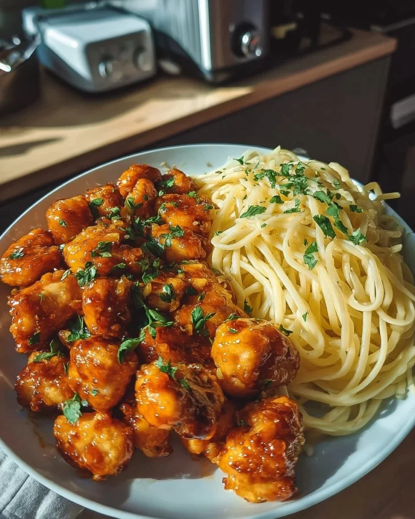 Honey Garlic Chicken Bites served with creamy garlic parmesan spaghetti