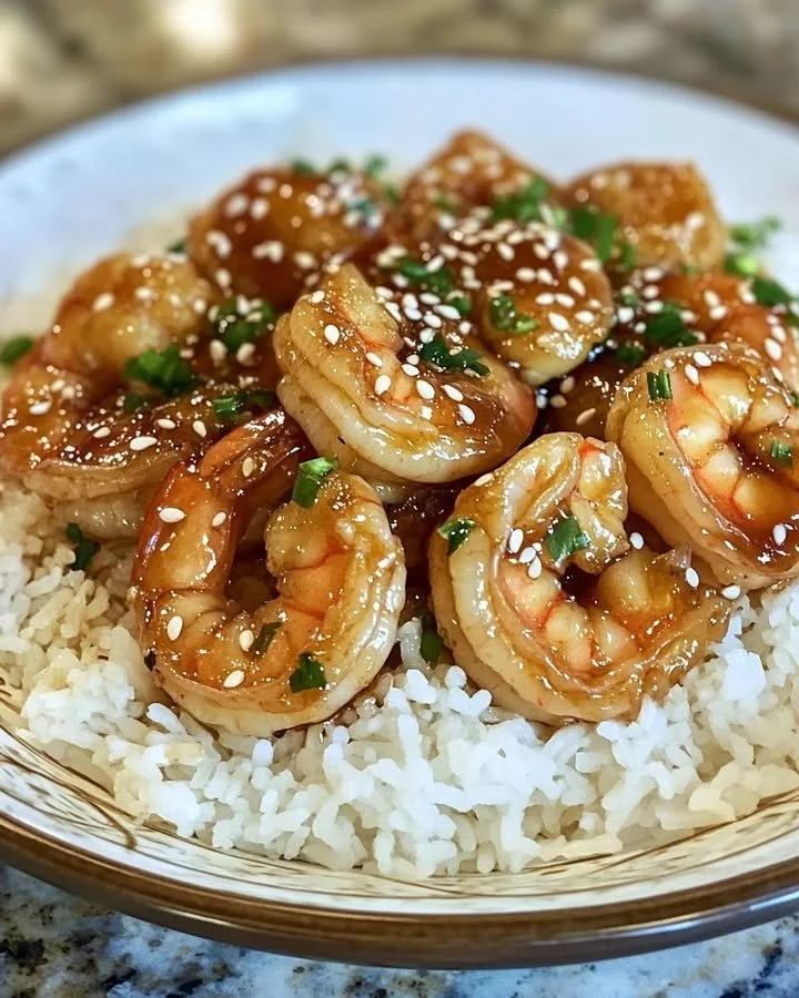 Plate of honey garlic shrimp garnished with green onions and sesame seeds
