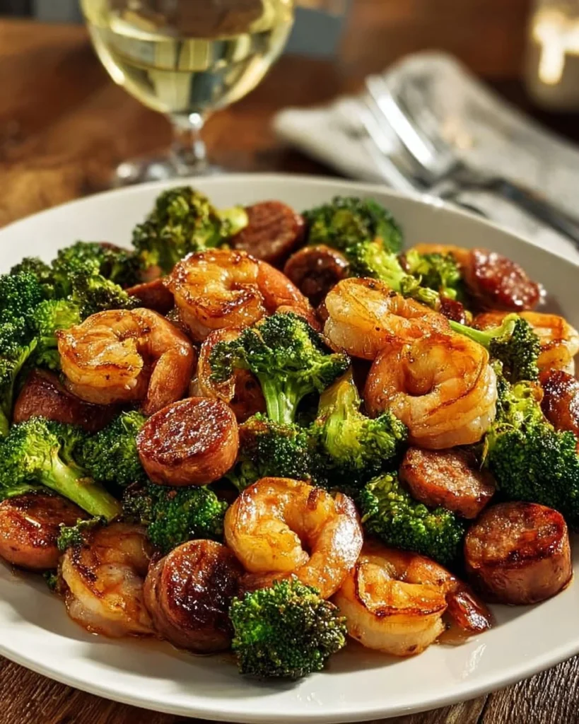 Delicious honey garlic shrimp with sausage and broccoli on a plate
