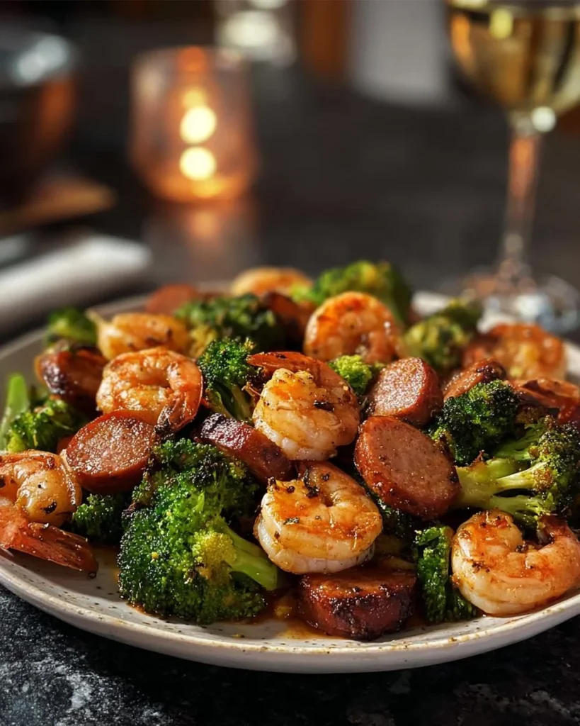 Honey Garlic Shrimp with sausage and broccoli served on a plate