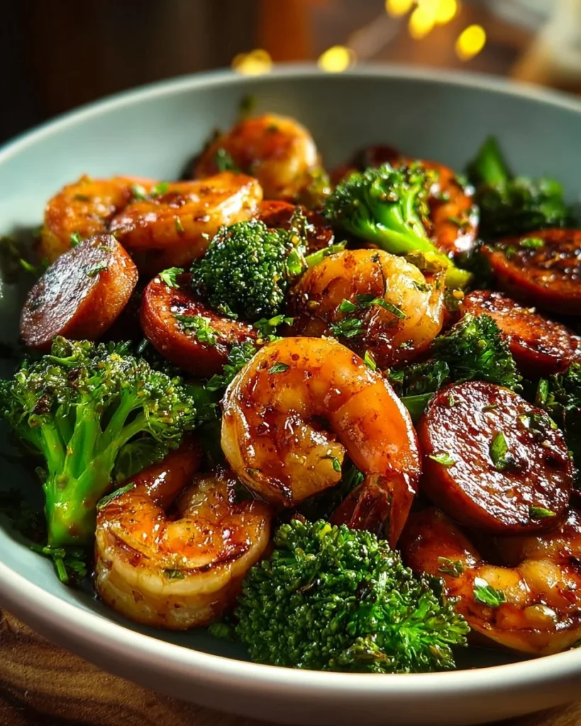 Honey Garlic Shrimp & Sausage Stir-Fry served in a vibrant bowl