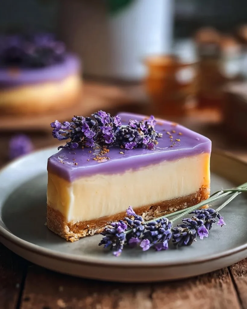 Delicious Honey Lavender Cheesecake slice topped with lavender flowers
