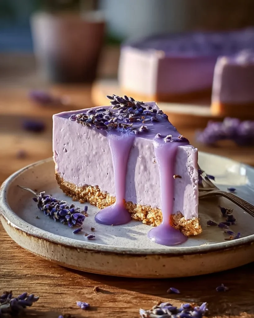A slice of Honey Lavender Cheesecake topped with lavender flowers and honey drizzle.