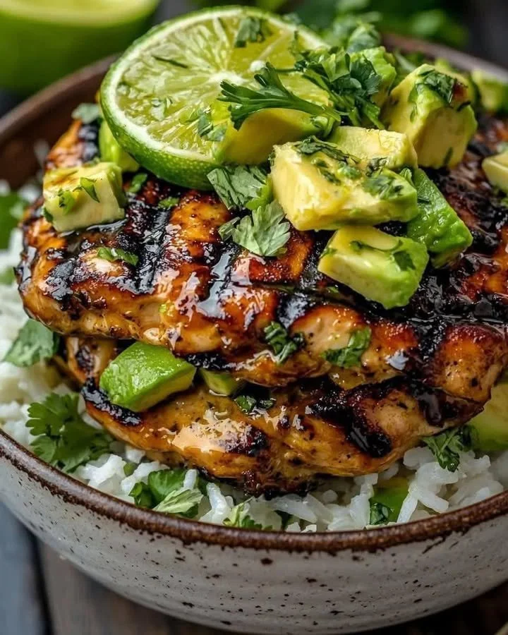 Honey Lime Chicken Avocado Rice Stack served on a plate with fresh ingredients.