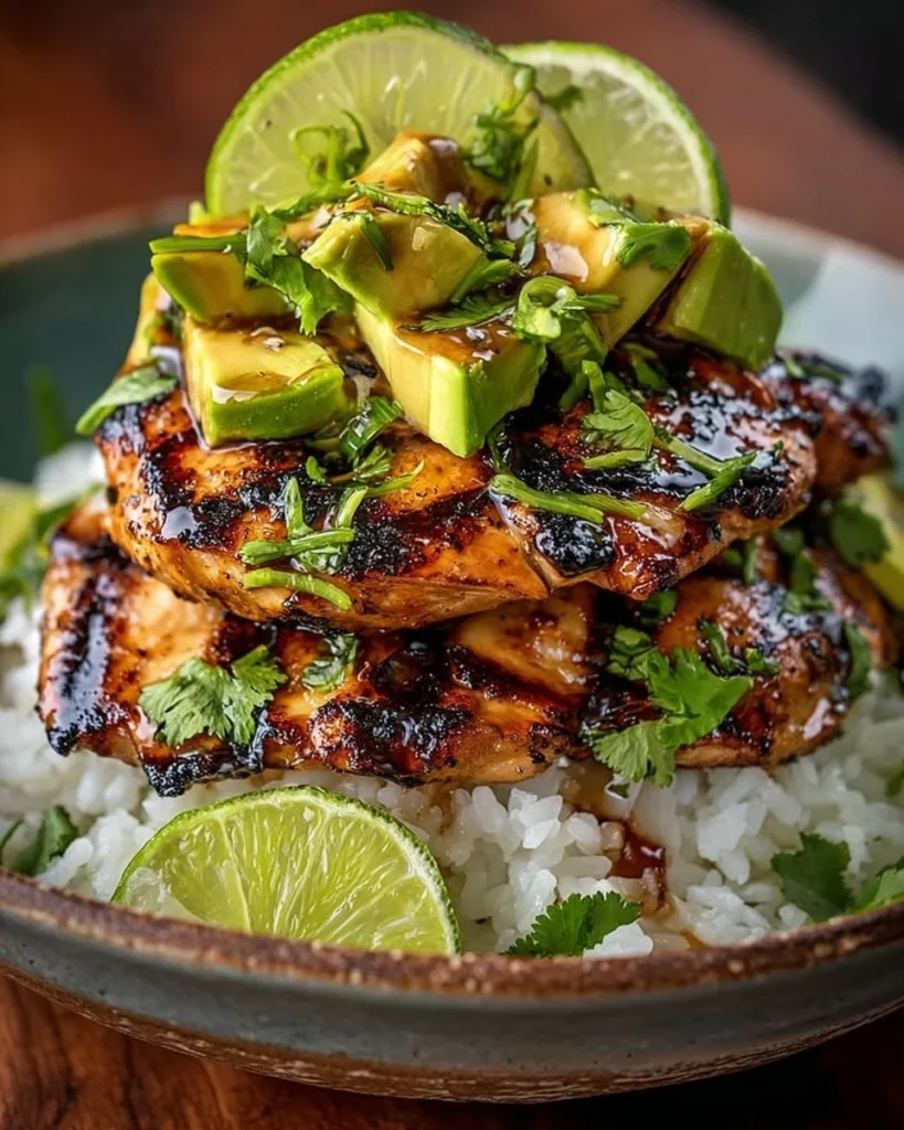 Honey Lime Chicken Avocado Rice Stack dish with vibrant colors and fresh ingredients