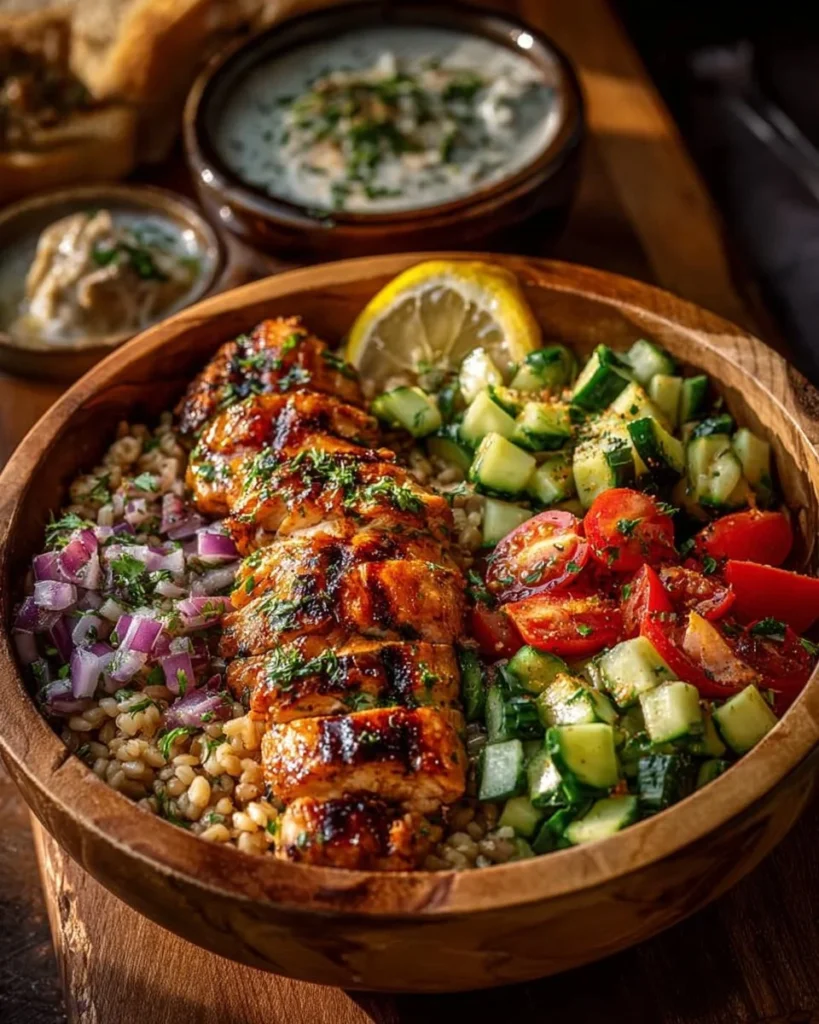 Honey Mustard Grilled Chicken served on a bed of Farro Salad
