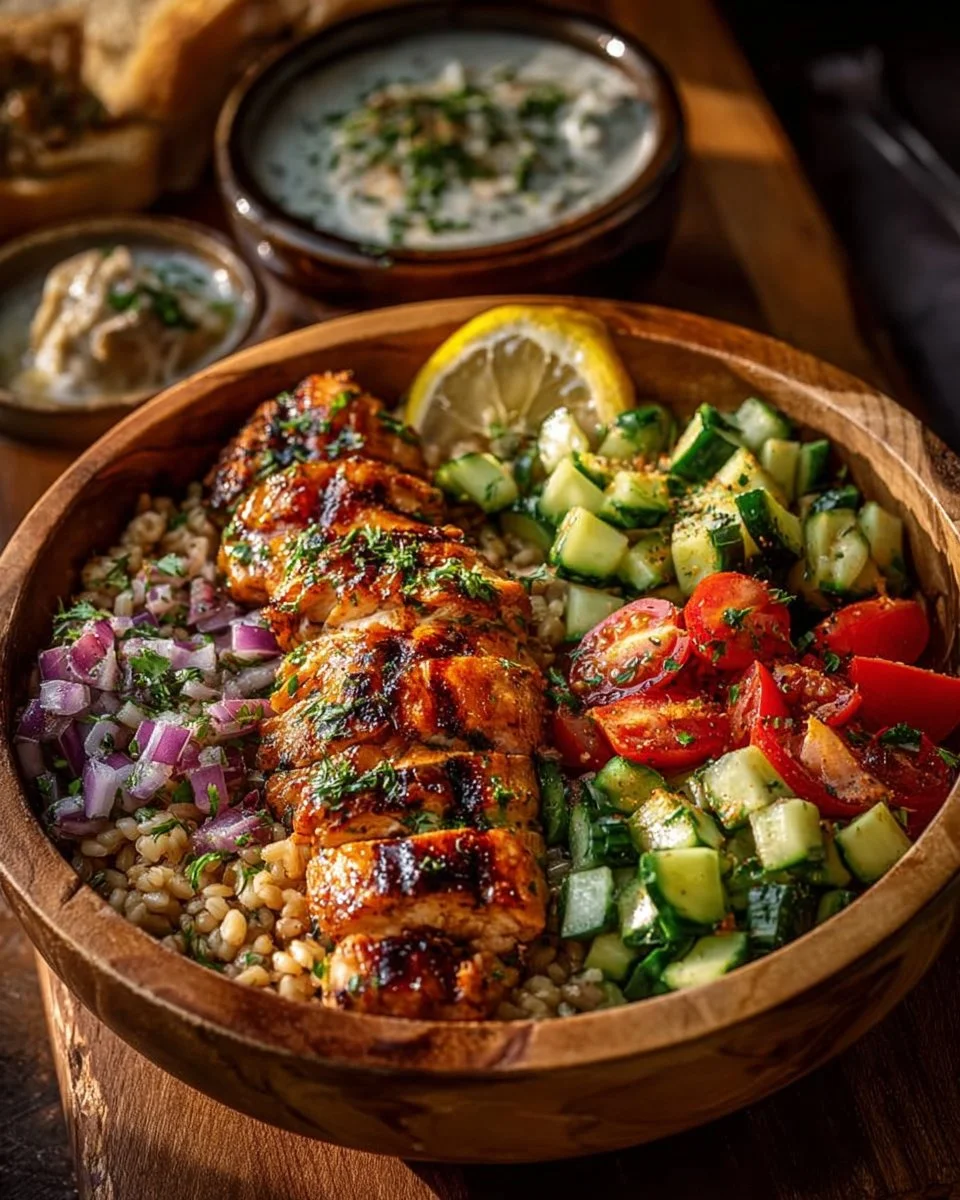 Honey Mustard Grilled Chicken served on a bed of Farro Salad