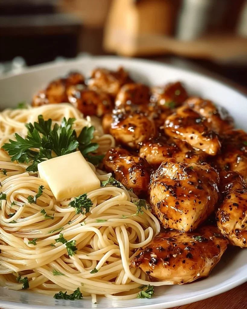 Honey Pepper Chicken Bites served with garlic butter spaghetti