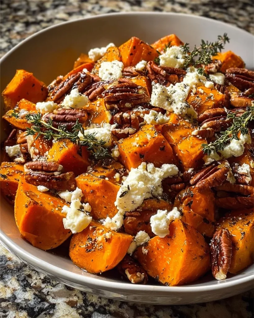 Honey roasted potatoes topped with feta cheese and pecans on a serving plate.