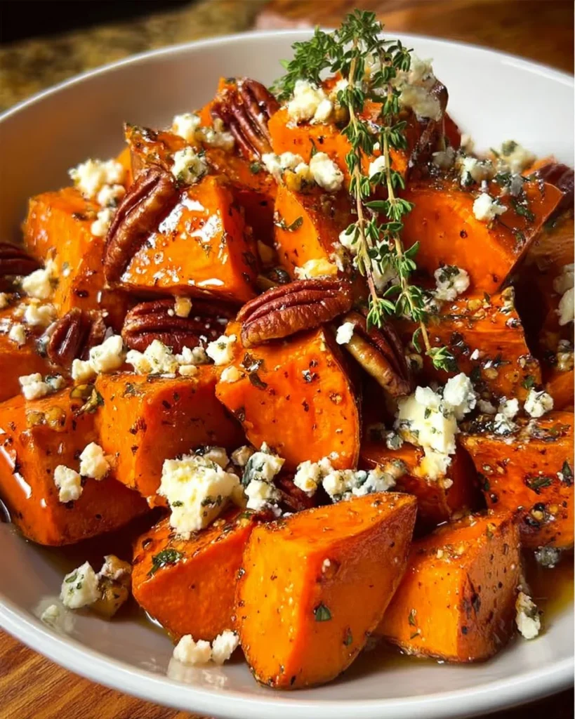 Honey roasted potatoes topped with feta cheese and pecans on a serving plate