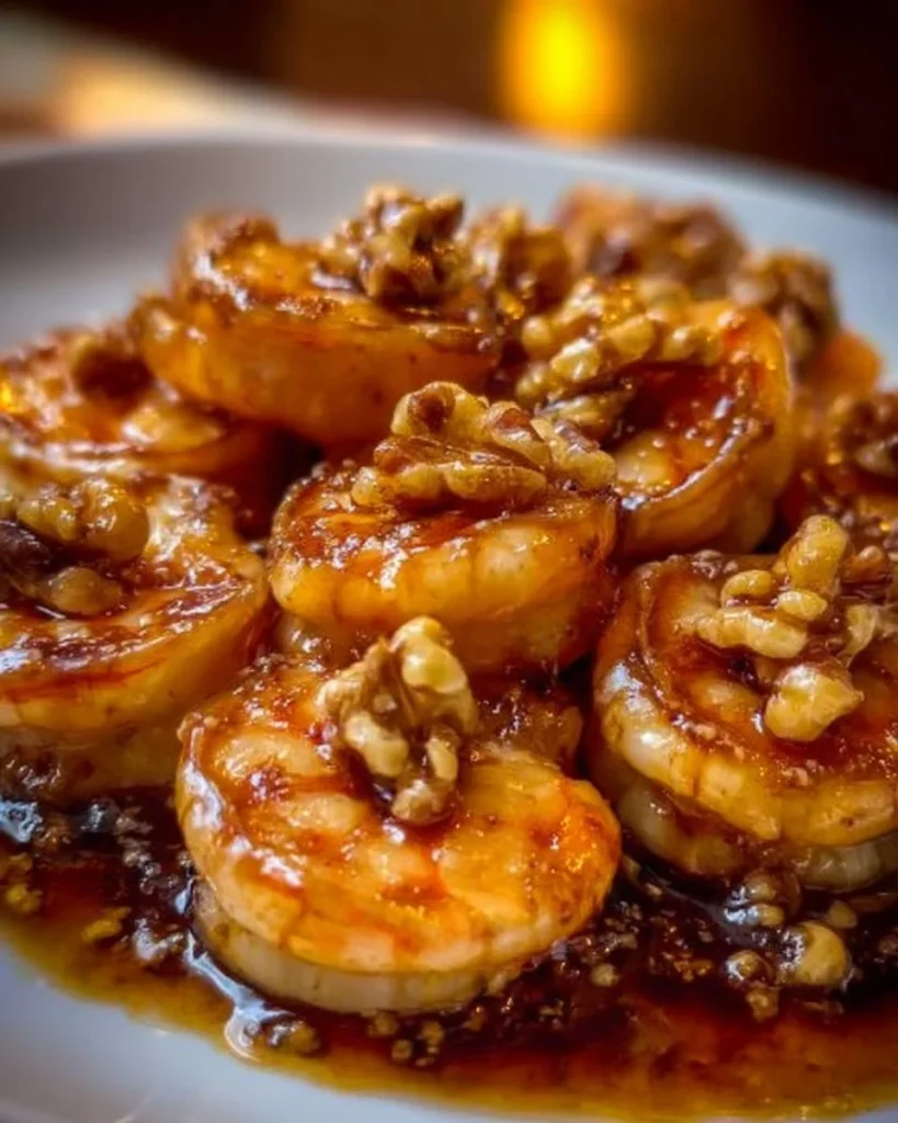 Delicious honey walnut shrimp garnished with crispy walnuts and served elegantly.