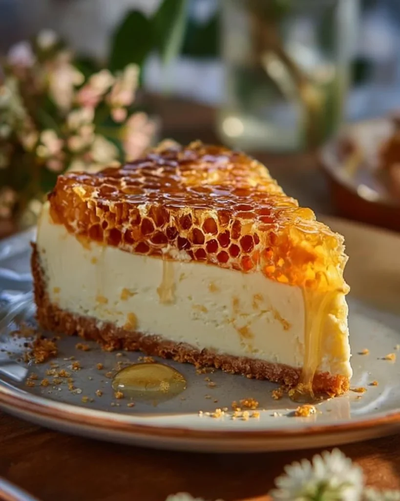 Delicious Honeycomb Delight Cheesecake slice on a white plate