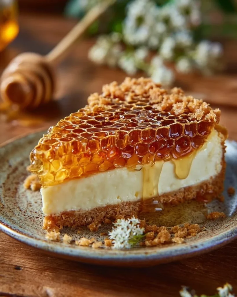 Delicious Honeycomb Delight Cheesecake garnished with honeycomb pieces