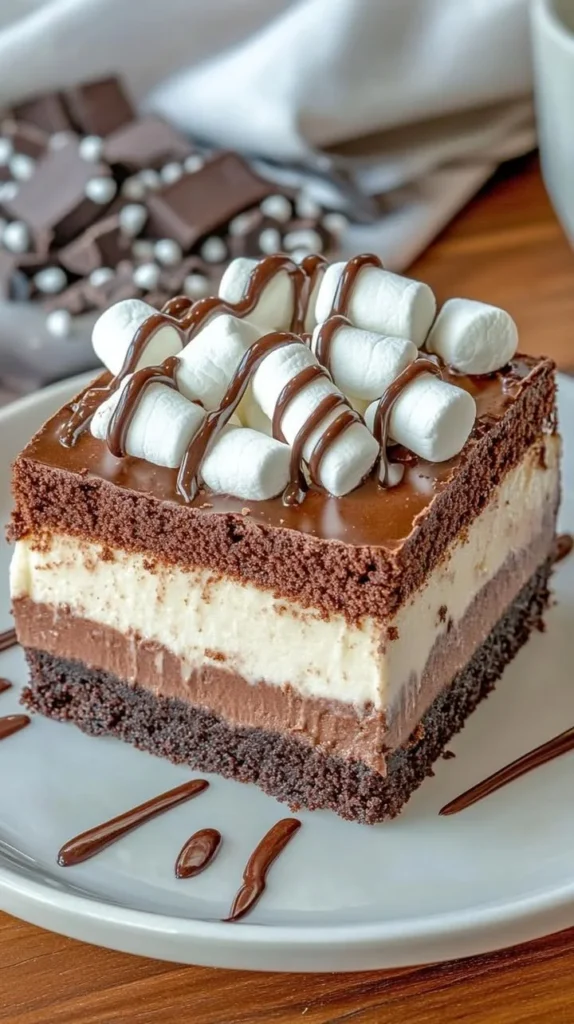 Decadent hot chocolate cheesecake brownies topped with chocolate drizzle.