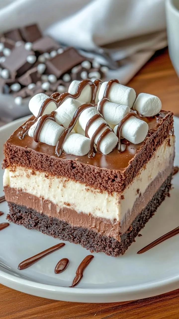 Decadent hot chocolate cheesecake brownies topped with chocolate drizzle.
