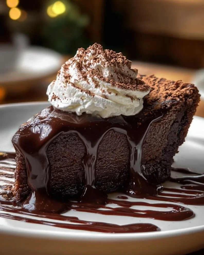 Deliciously rich Hot Fudge Pie topped with chocolate fudge and whipped cream