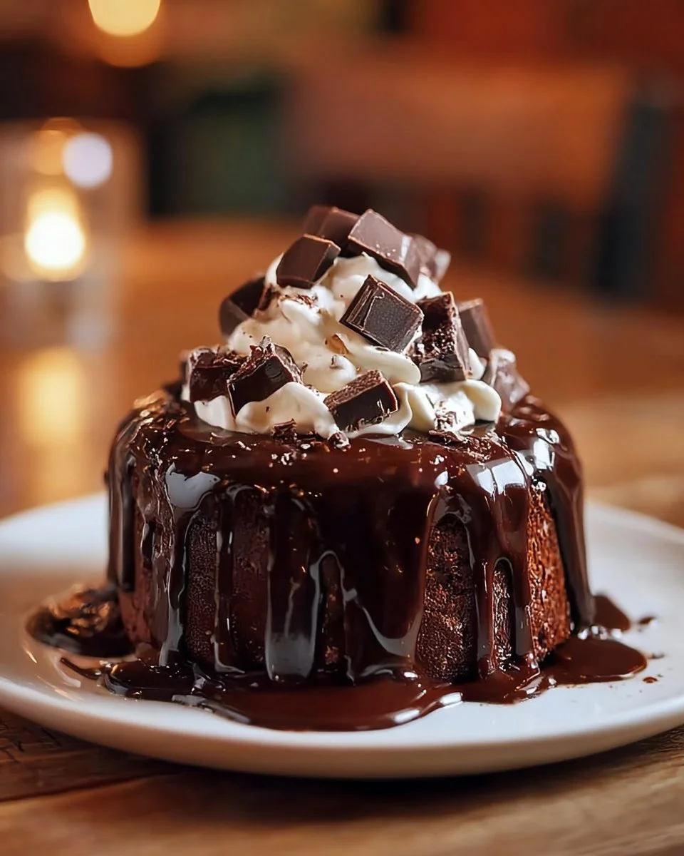 Delicious hot fudge pudding cake served with chocolate sauce and whipped cream