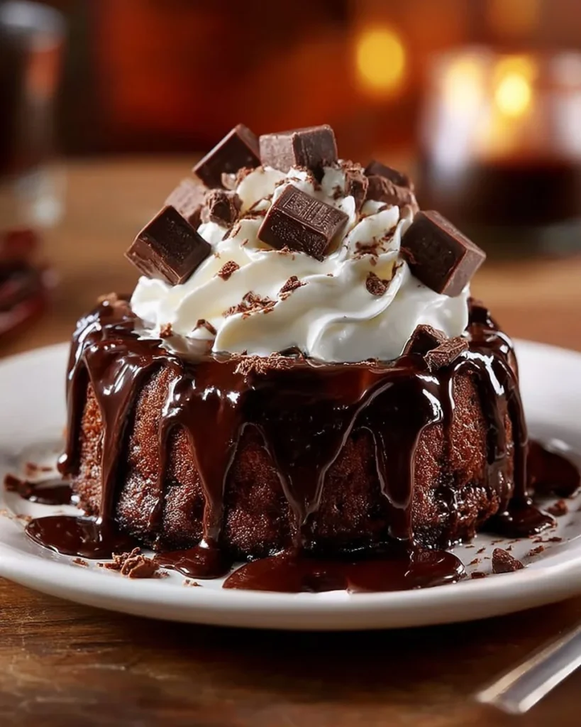 Delicious hot fudge pudding cake topped with rich chocolate sauce