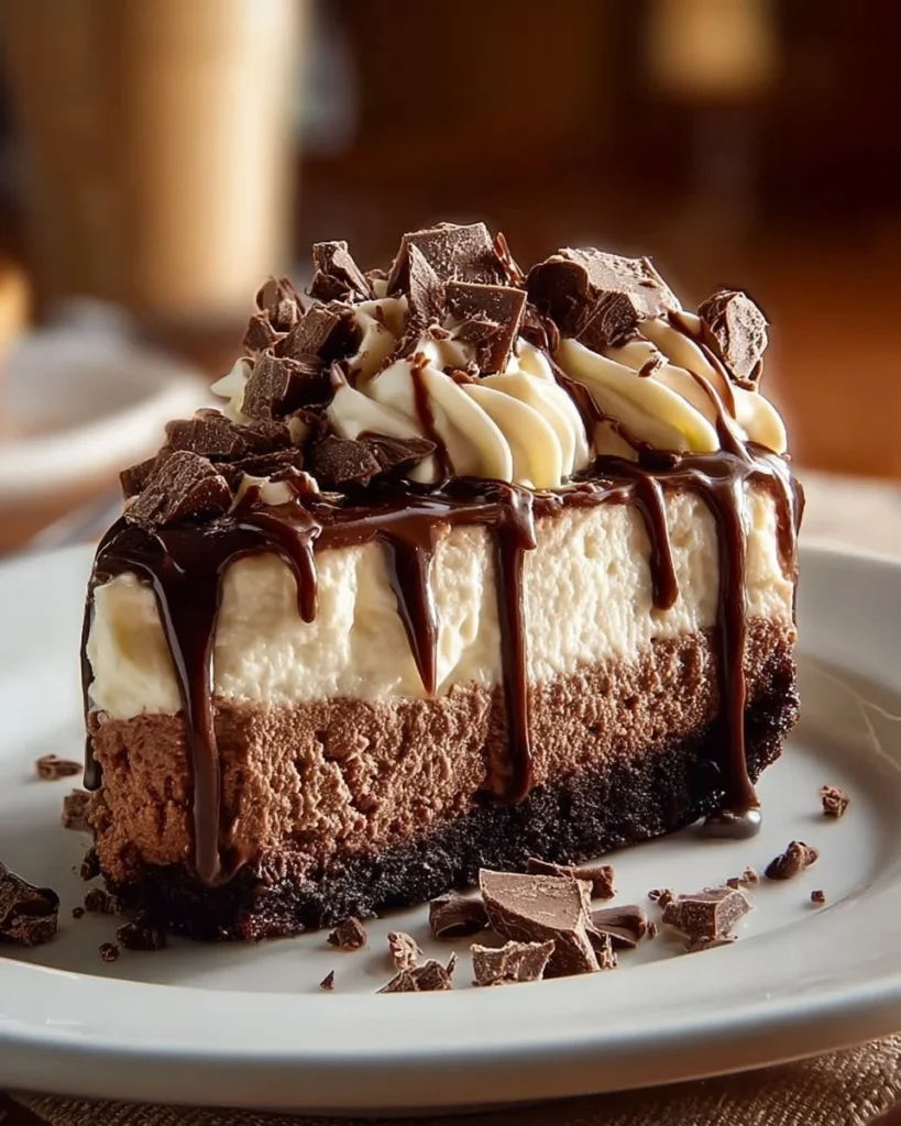 Delicious Hot Fudge Sundae Brownie Cheesecake topped with chocolate fudge and whipped cream