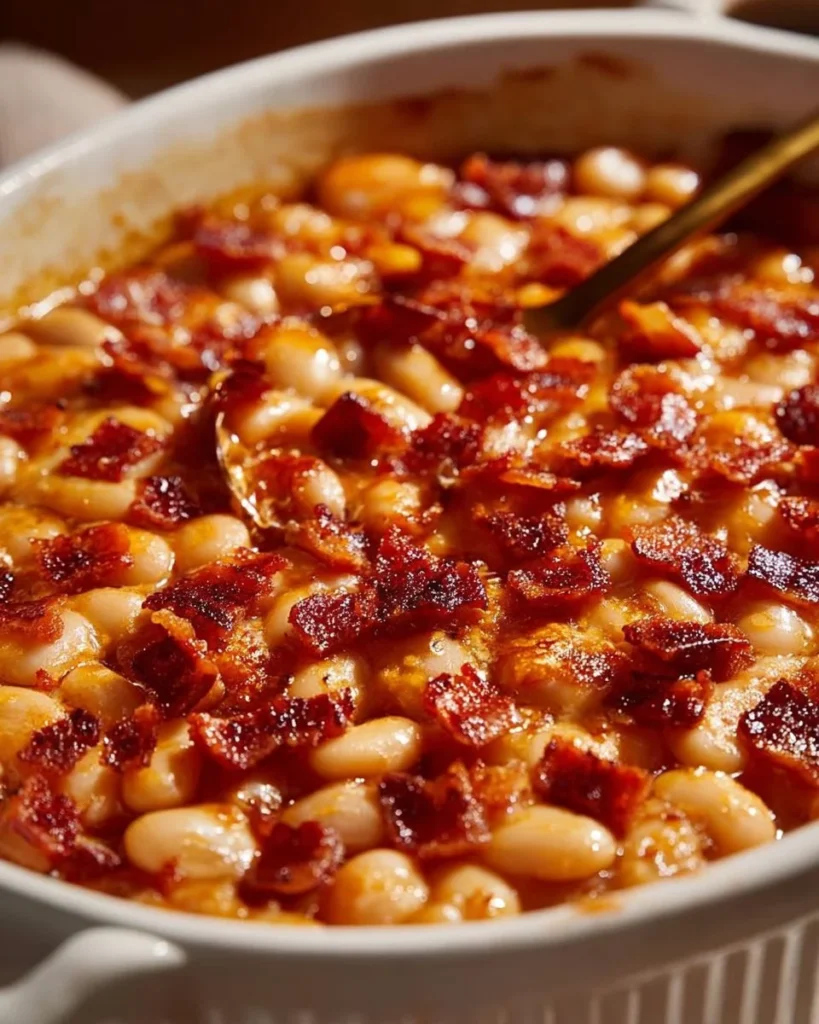 Hot Honey Baked Beans served with Crispy Bacon in a rustic dish
