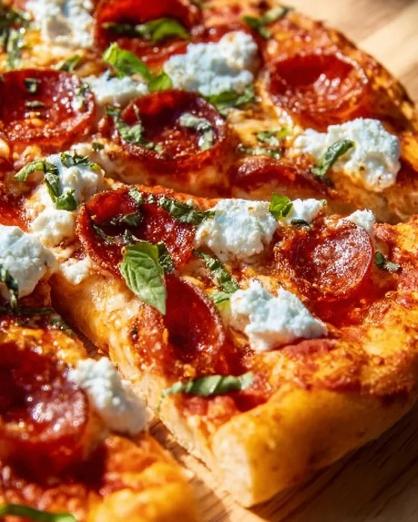 Hot Honey Pepperoni Ricotta Pizza with a perfectly baked crust and toppings