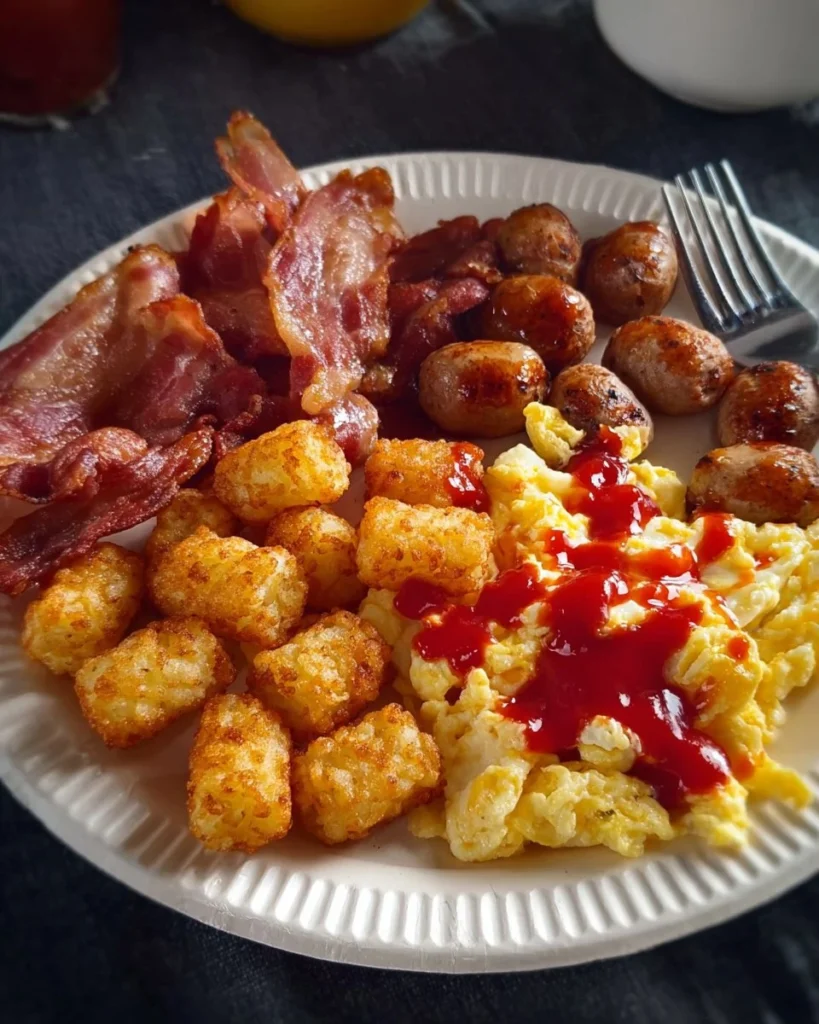 Homemade breakfast for dinner featuring pancakes, eggs, and bacon.