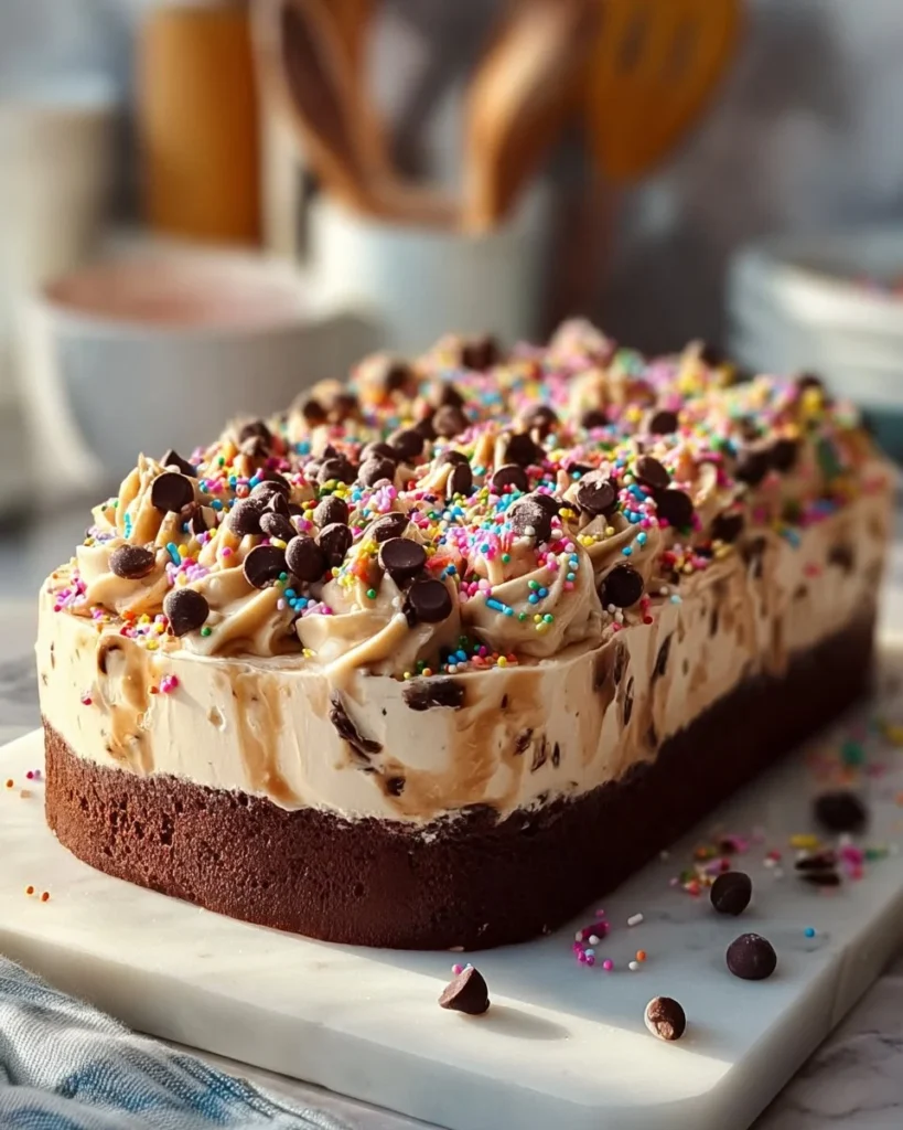 Delicious ice cream loaf cake topped with chocolate and sprinkles