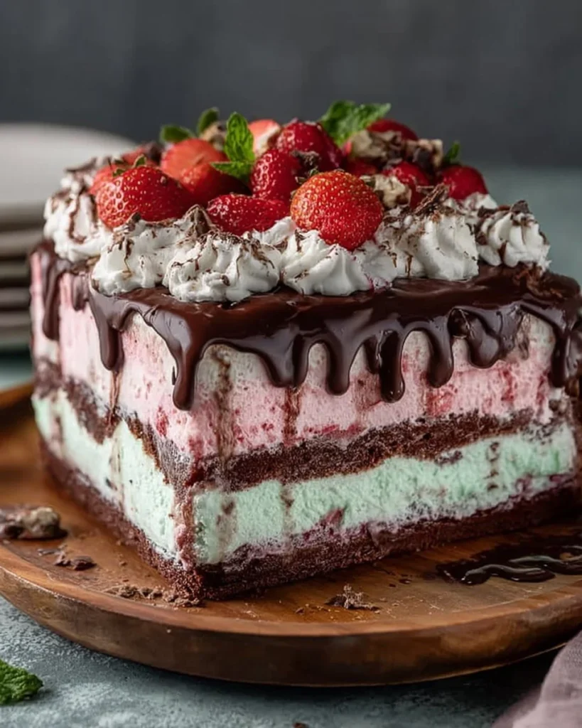 Delicious homemade ice cream sandwich cake with chocolate and vanilla layers