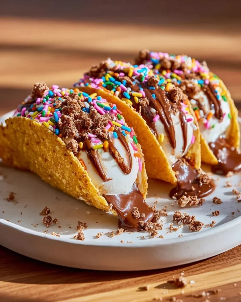Delicious ice cream tacos topped with colorful sprinkles and chocolate sauce