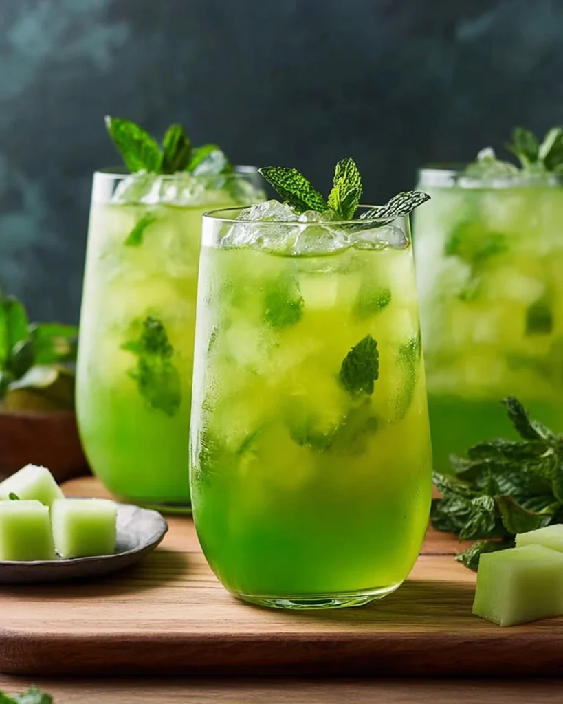 A refreshing glass of Iced Honeydew Mint Tea garnished with mint leaves