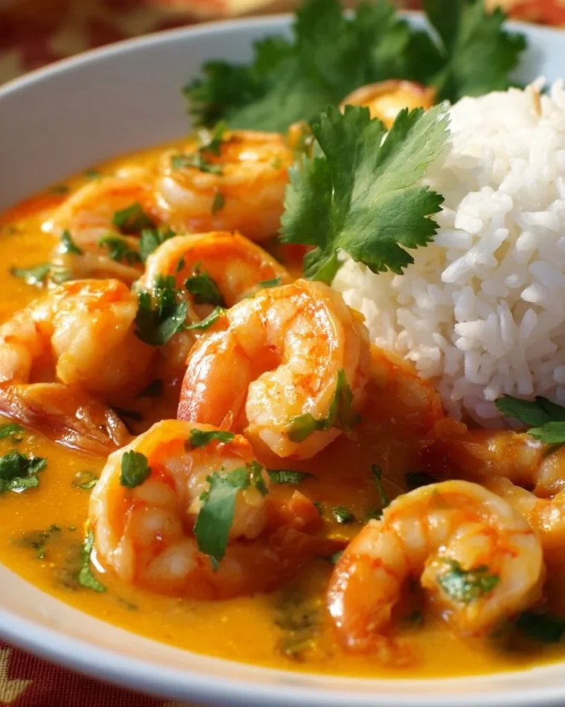 Bowl of Indian shrimp curry with spices and herbs