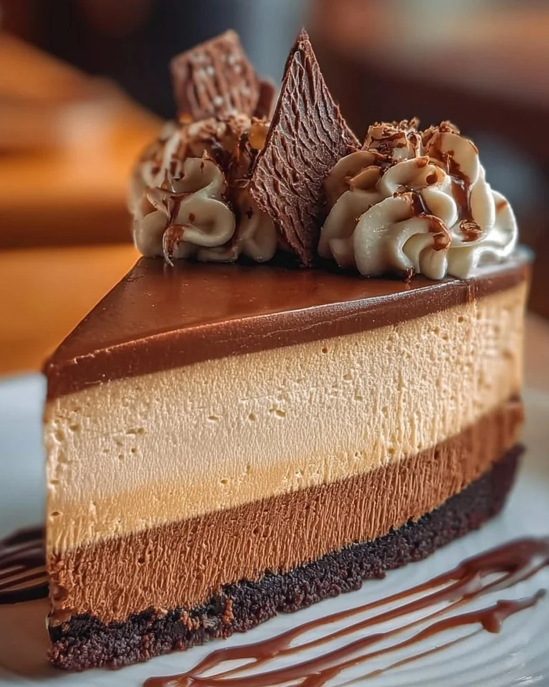 Slice of indulgent coffee mousse cheesecake with coffee beans and chocolate drizzle