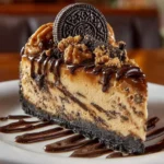 No-bake peanut butter Oreo cookie pie topped with whipped cream and chocolate