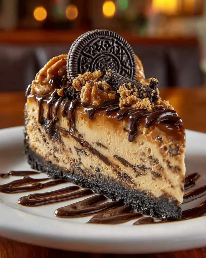 No-bake peanut butter Oreo cookie pie topped with whipped cream and chocolate