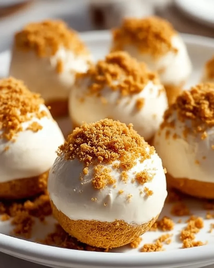 Indulgent no bake pumpkin cheesecake balls topped with creamy pumpkin flavor
