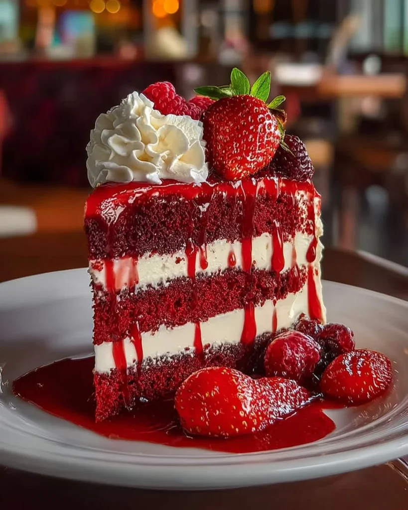 Indulgent red velvet strawberry cheesecake slice topped with fresh strawberries