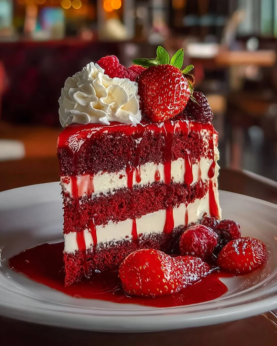 Indulgent red velvet strawberry cheesecake slice topped with fresh strawberries