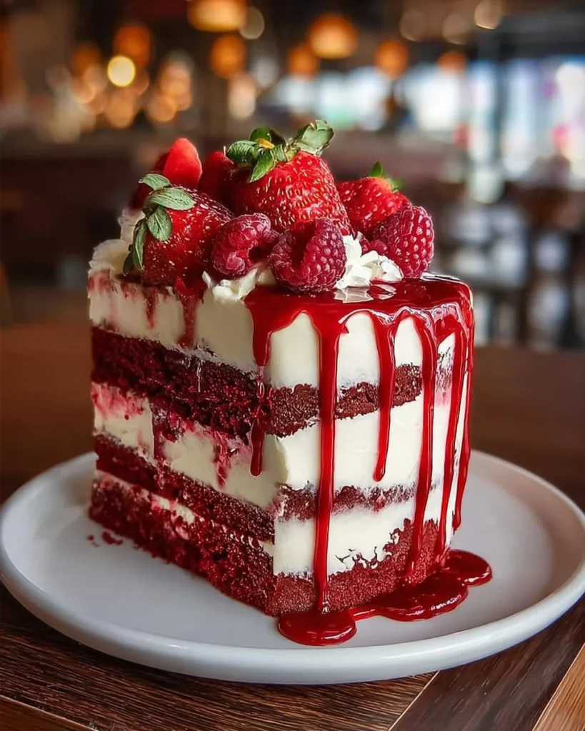 Indulgent red velvet strawberry cheesecake slice on a plate