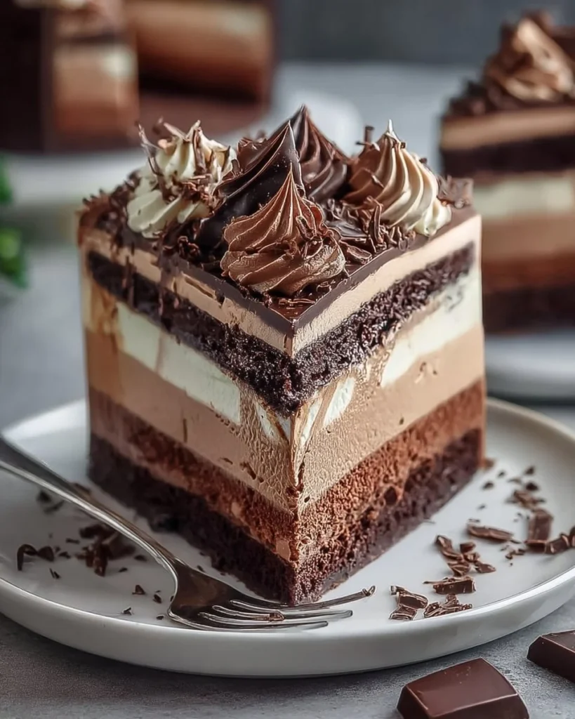 Indulgent triple chocolate mousse cake with layers of creamy chocolate delight