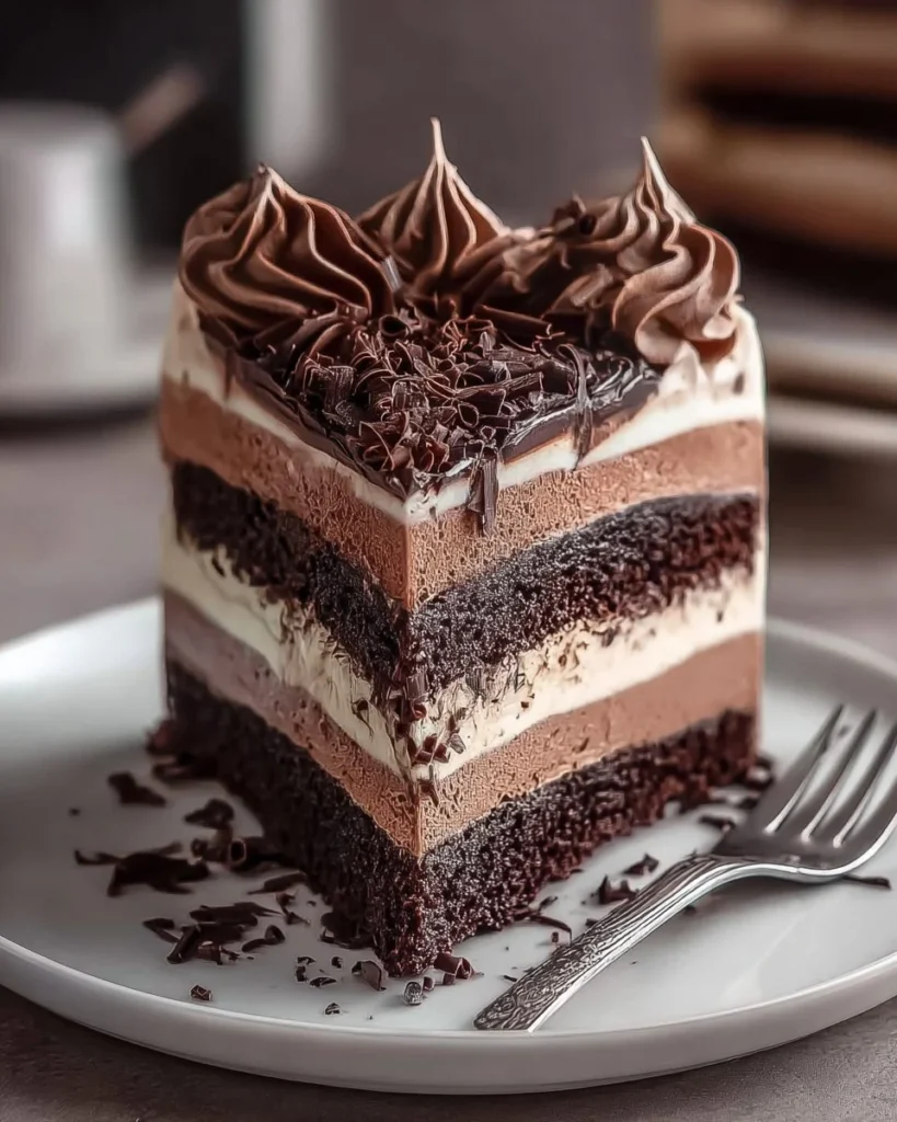 Delicious Indulgent Triple Chocolate Mousse Tort topped with cocoa and chocolate shavings