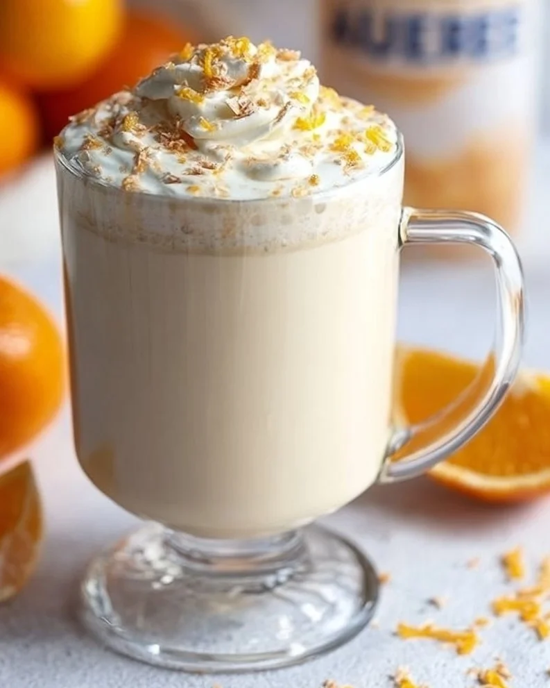 Delicious White Chocolate Orange Latte topped with whipped cream and orange zest